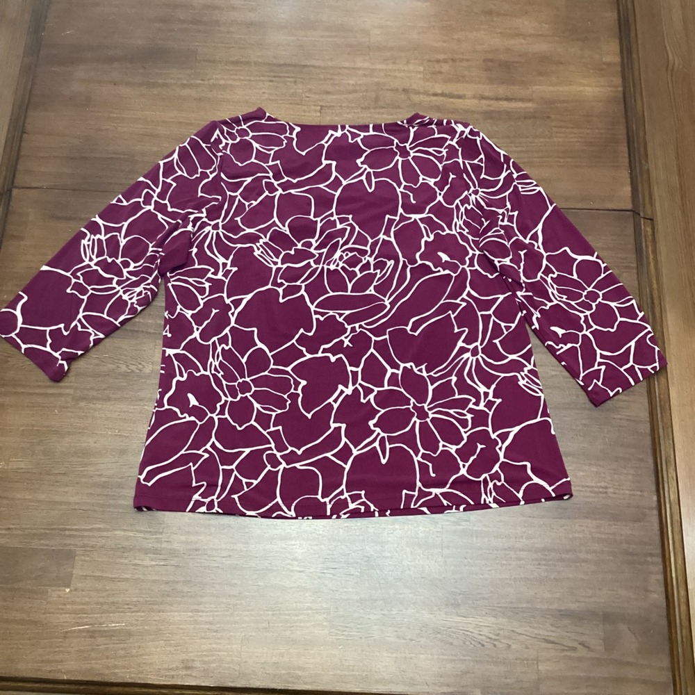 Liz Claiborne Womens XL Burgundy Floral Cowl Neck 3/4 Sleeve Top Blouse - Picture 2 of 6